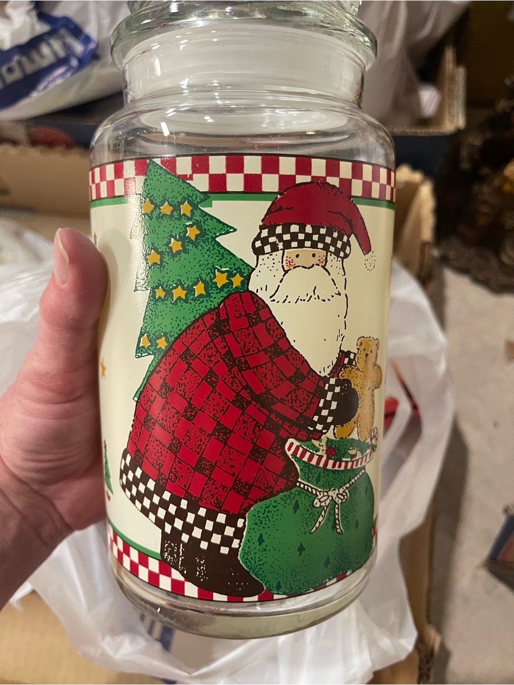 Debbie Mumm Christmas Santa Glass Canister Jar Vintage 1997 9in